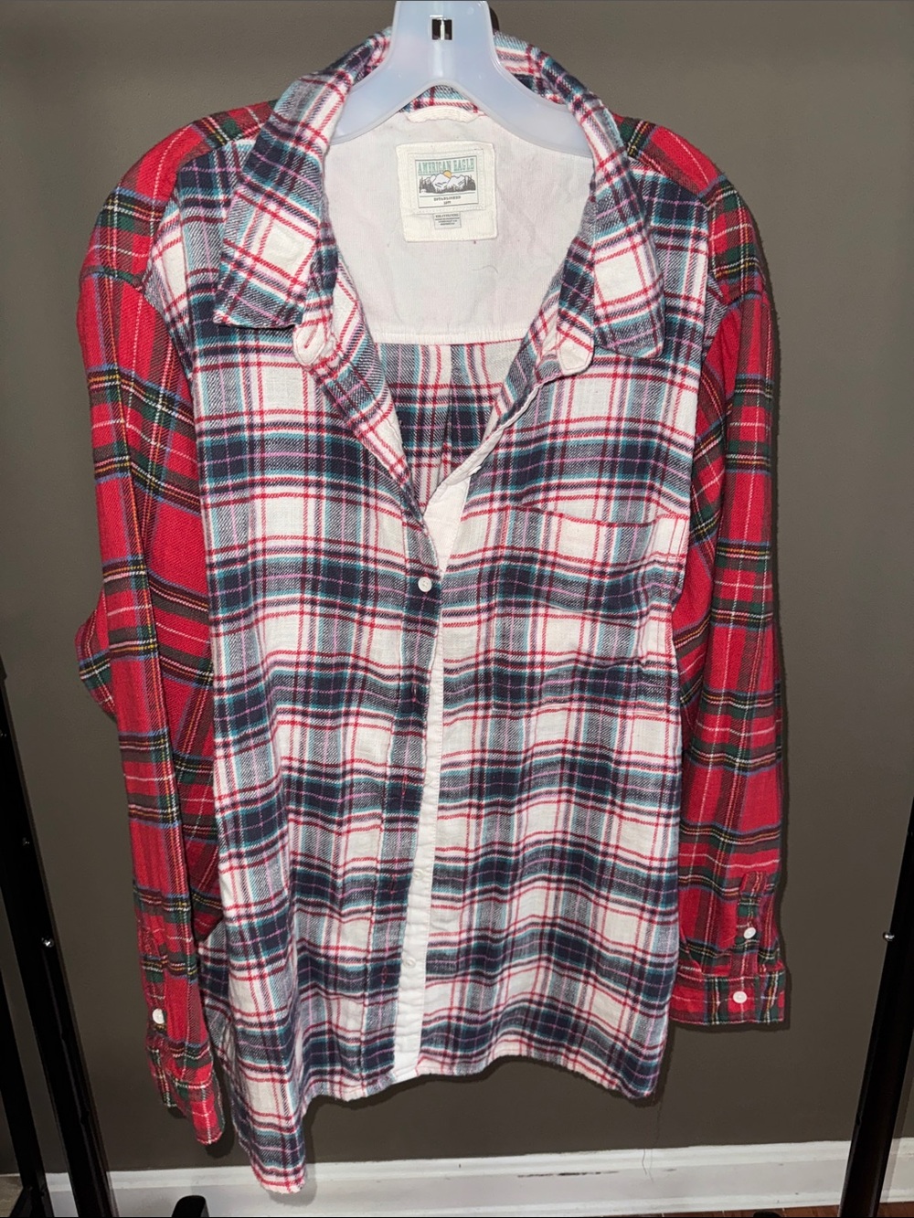American Eagle Outfitters Red White and Navy Flannel Button-Down Shirt